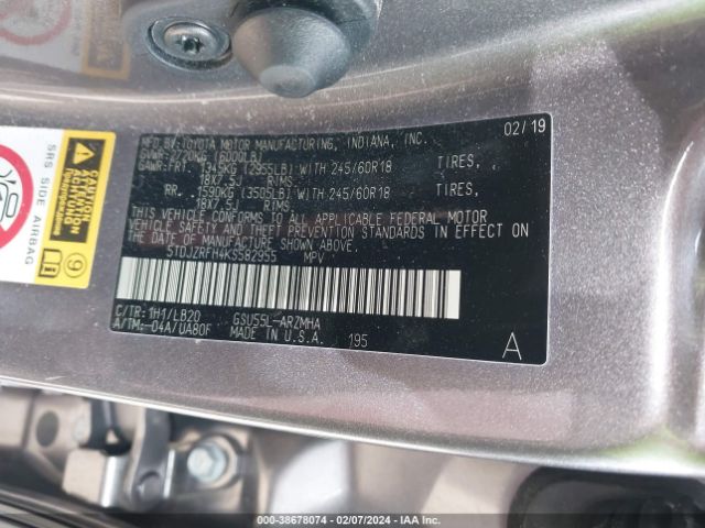 Photo 8 VIN: 5TDJZRFH4KS582955 - TOYOTA HIGHLANDER 