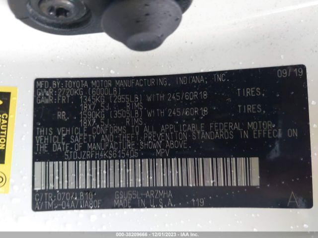 Photo 8 VIN: 5TDJZRFH4KS615405 - TOYOTA HIGHLANDER 