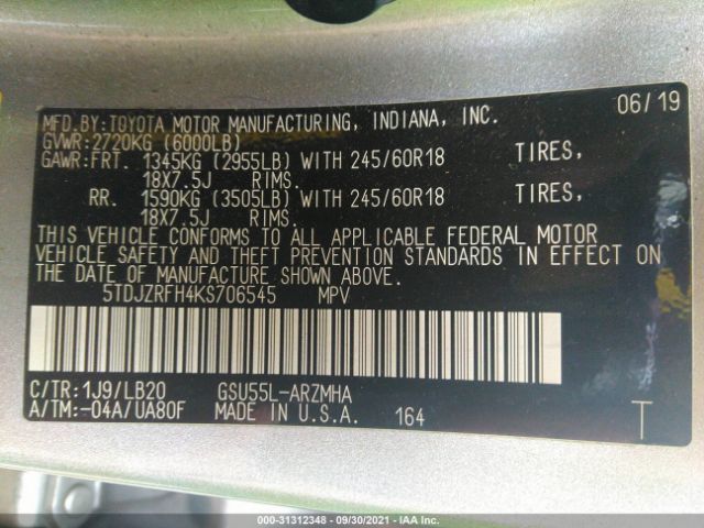 Photo 8 VIN: 5TDJZRFH4KS706545 - TOYOTA HIGHLANDER 