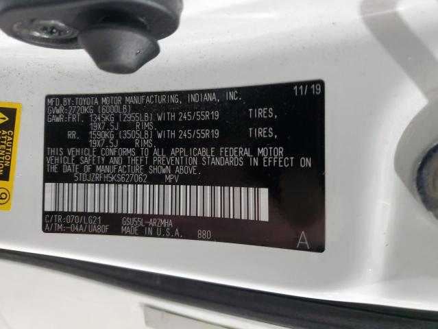 Photo 12 VIN: 5TDJZRFH5KS627062 - TOYOTA HIGHLANDER 