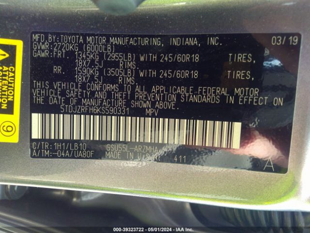 Photo 8 VIN: 5TDJZRFH6KS590331 - TOYOTA HIGHLANDER 