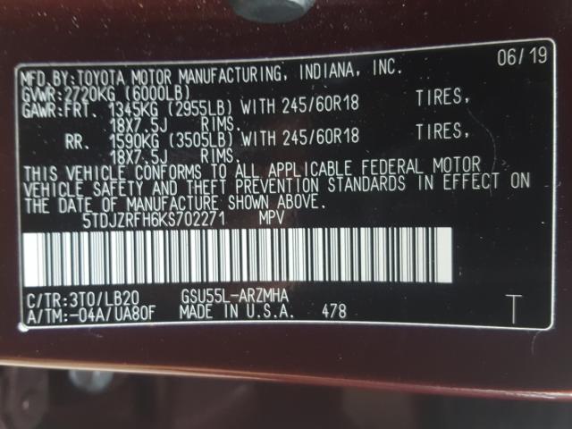 Photo 9 VIN: 5TDJZRFH6KS702271 - TOYOTA HIGHLANDER 