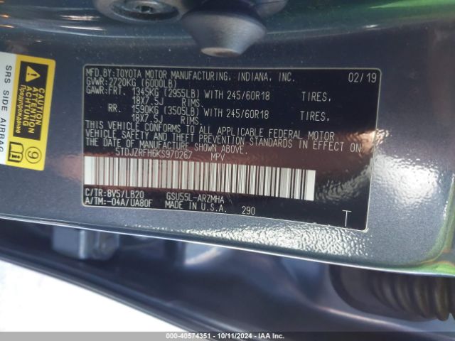 Photo 8 VIN: 5TDJZRFH6KS970267 - TOYOTA HIGHLANDER 