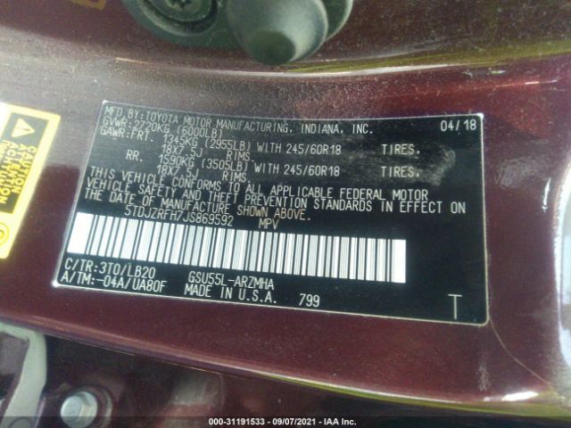 Photo 8 VIN: 5TDJZRFH7JS869592 - TOYOTA HIGHLANDER 