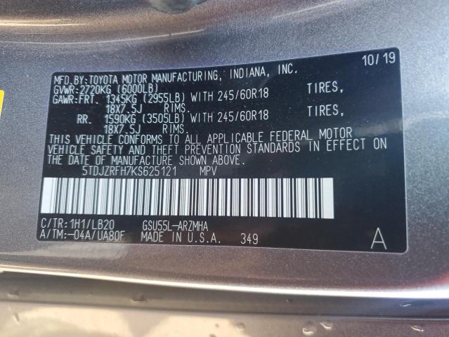 Photo 11 VIN: 5TDJZRFH7KS625121 - TOYOTA HIGHLANDER 