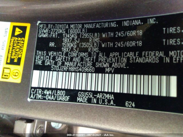 Photo 8 VIN: 5TDJZRFH8HS409660 - TOYOTA HIGHLANDER 