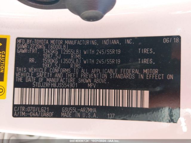 Photo 8 VIN: 5TDJZRFH8JS554901 - TOYOTA HIGHLANDER 