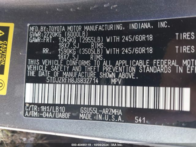 Photo 8 VIN: 5TDJZRFH8JS832714 - TOYOTA HIGHLANDER 