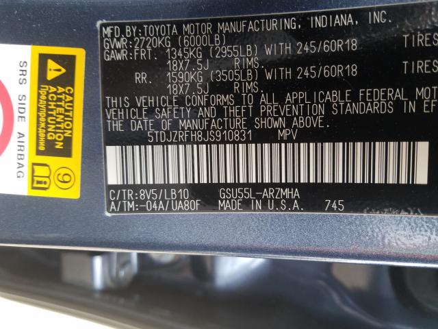 Photo 9 VIN: 5TDJZRFH8JS910831 - TOYOTA HIGHLANDER 