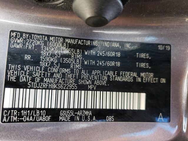 Photo 12 VIN: 5TDJZRFH8KS622955 - TOYOTA HIGHLANDER 