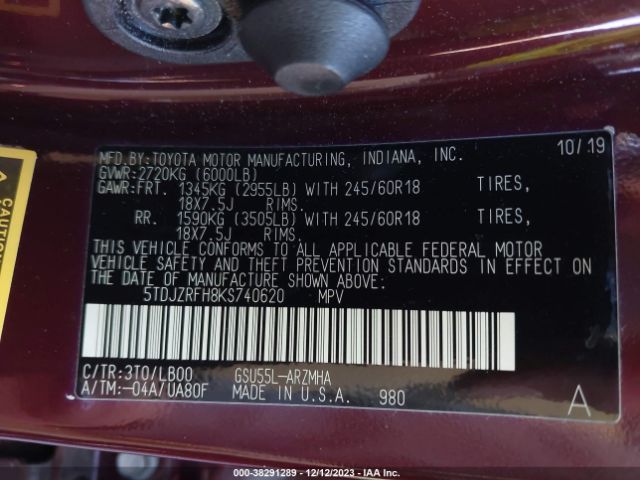 Photo 8 VIN: 5TDJZRFH8KS740620 - TOYOTA HIGHLANDER 