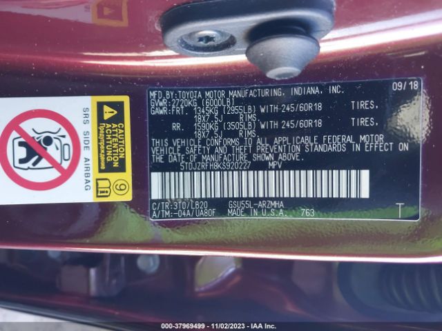 Photo 8 VIN: 5TDJZRFH8KS920227 - TOYOTA HIGHLANDER 