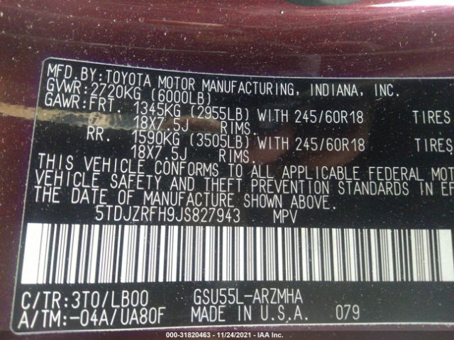 Photo 8 VIN: 5TDJZRFH9JS827943 - TOYOTA HIGHLANDER 