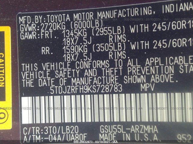 Photo 8 VIN: 5TDJZRFH9KS728783 - TOYOTA HIGHLANDER 