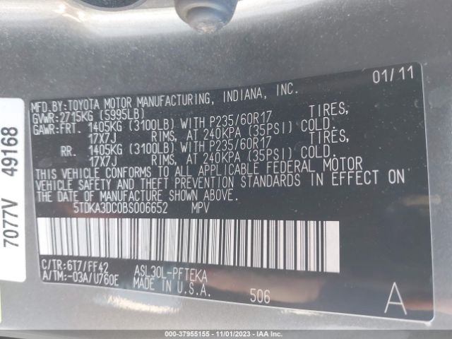 Photo 8 VIN: 5TDKA3DC0BS006652 - TOYOTA SIENNA 