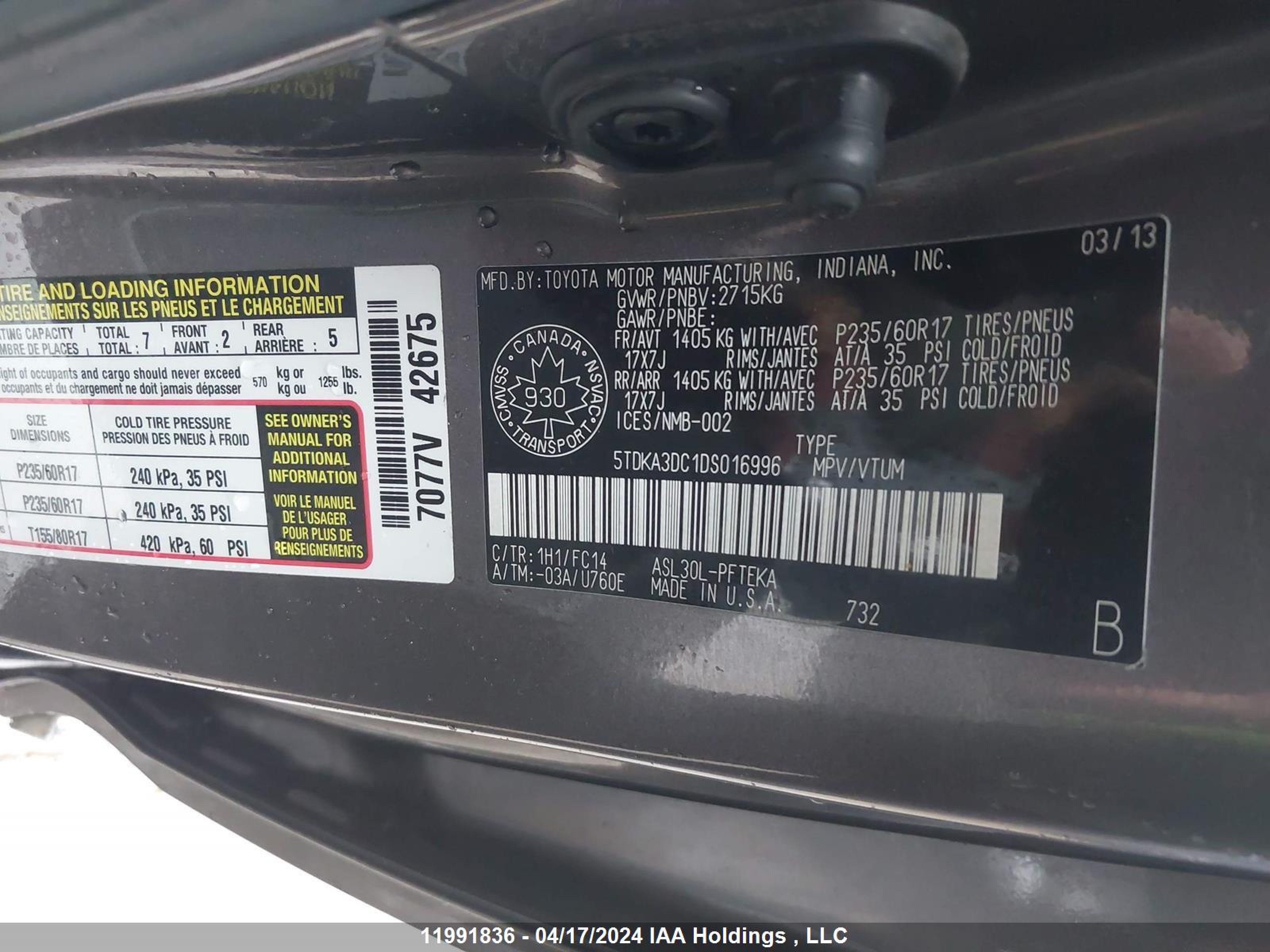 Photo 8 VIN: 5TDKA3DC1DS016996 - TOYOTA SIENNA 