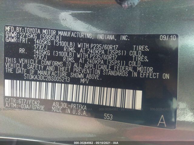 Photo 8 VIN: 5TDKA3DC2BS005213 - TOYOTA SIENNA 