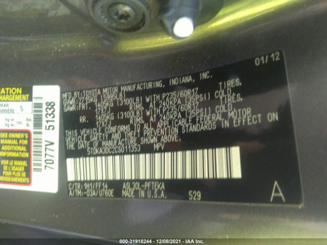 Photo 8 VIN: 5TDKA3DC2CS011353 - TOYOTA SIENNA 