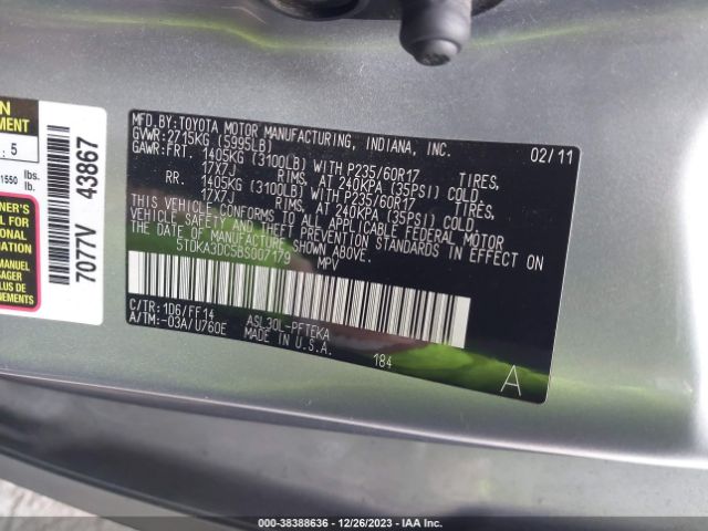 Photo 8 VIN: 5TDKA3DC5BS007179 - TOYOTA SIENNA 