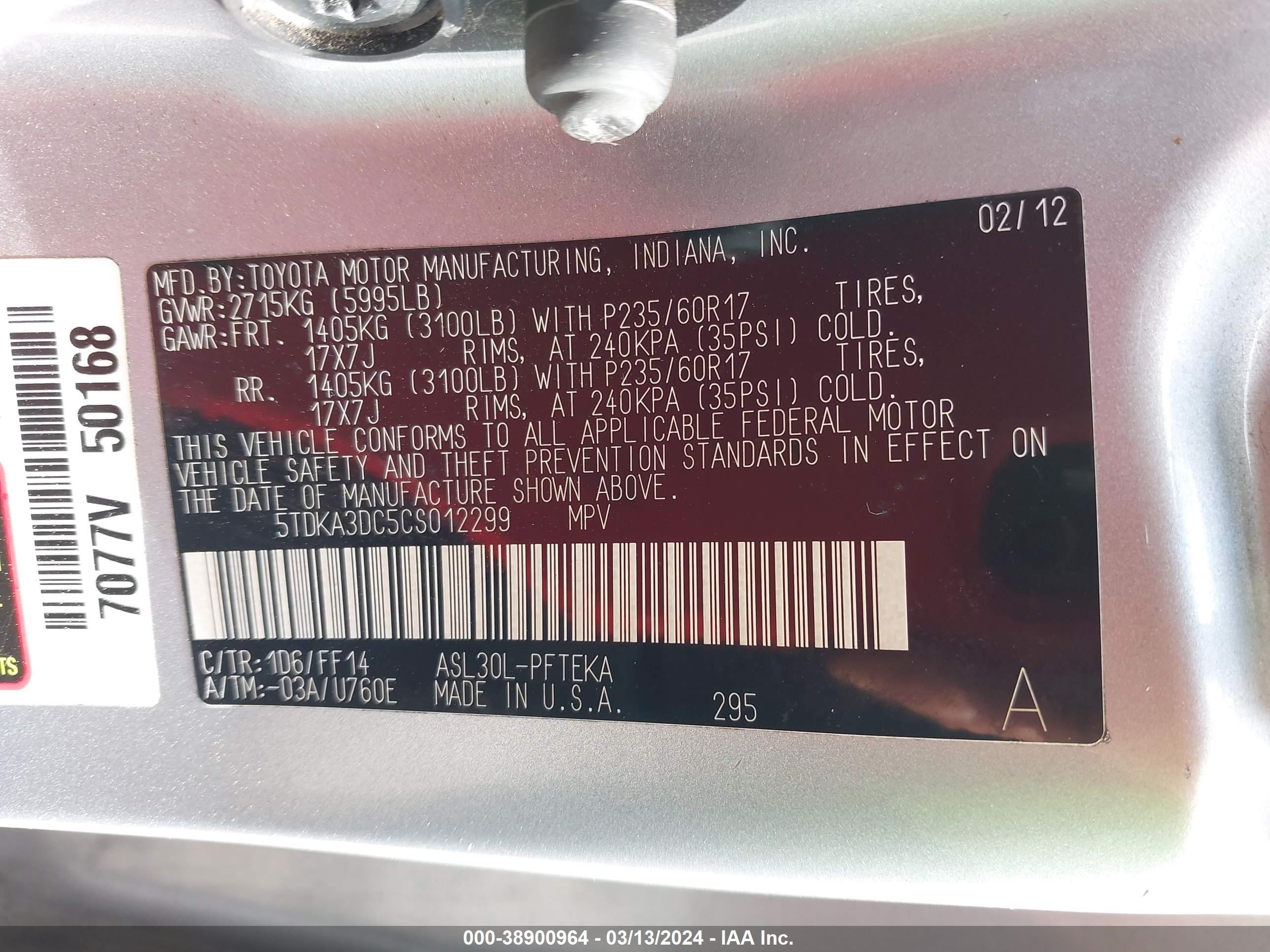 Photo 8 VIN: 5TDKA3DC5CS012299 - TOYOTA SIENNA 