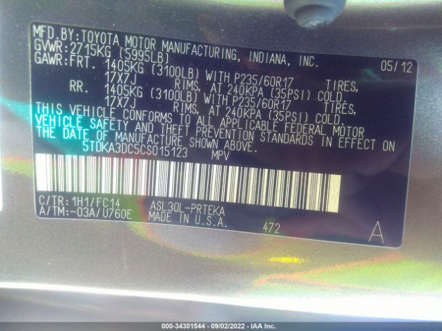 Photo 8 VIN: 5TDKA3DC5CS015123 - TOYOTA SIENNA 