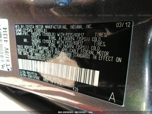 Photo 8 VIN: 5TDKA3DC6CS012912 - TOYOTA SIENNA 