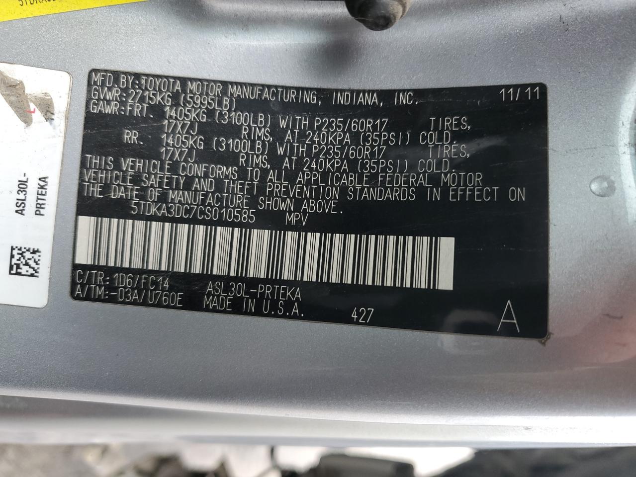 Photo 12 VIN: 5TDKA3DC7CS010585 - TOYOTA SIENNA 