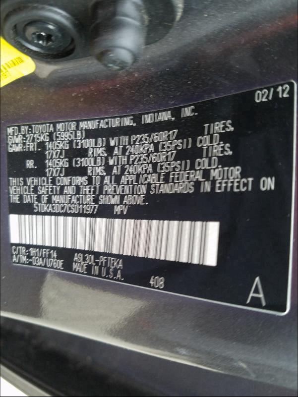 Photo 9 VIN: 5TDKA3DC7CS011977 - TOYOTA SIENNA BAS 