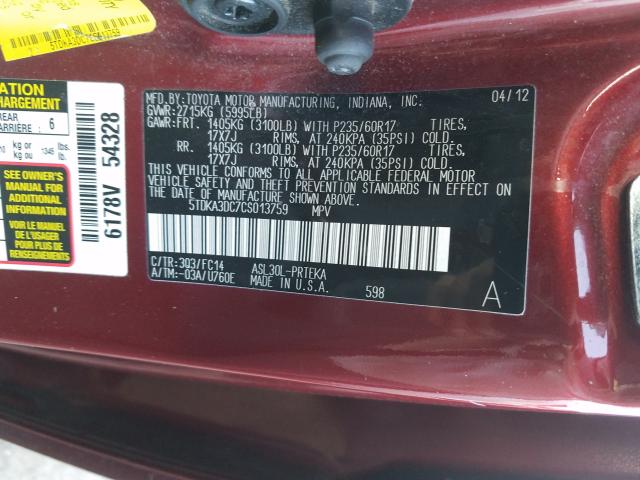 Photo 9 VIN: 5TDKA3DC7CS013759 - TOYOTA SIENNA BAS 