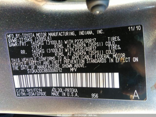 Photo 8 VIN: 5TDKA3DC8BS006012 - TOYOTA SIENNA 