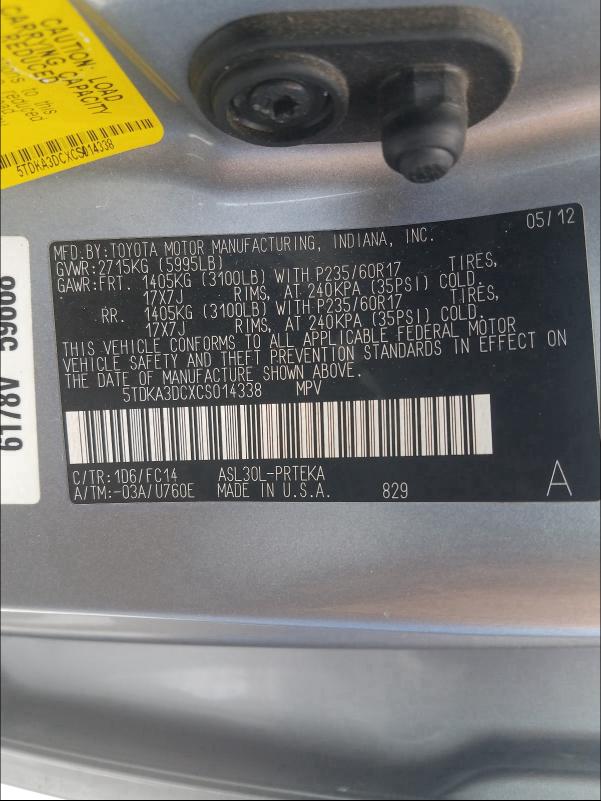 Photo 9 VIN: 5TDKA3DCXCS014338 - TOYOTA SIENNA BAS 