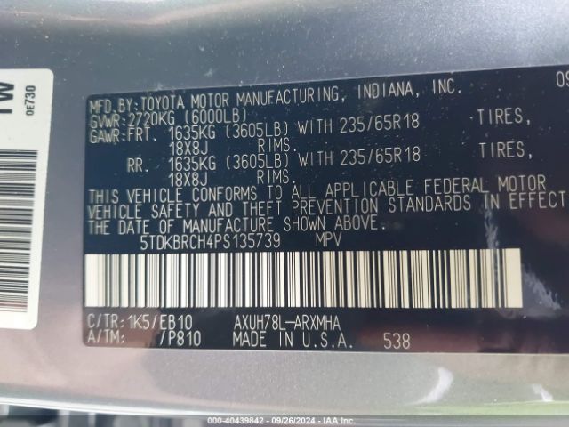 Photo 8 VIN: 5TDKBRCH4PS135739 - TOYOTA HIGHLANDER 