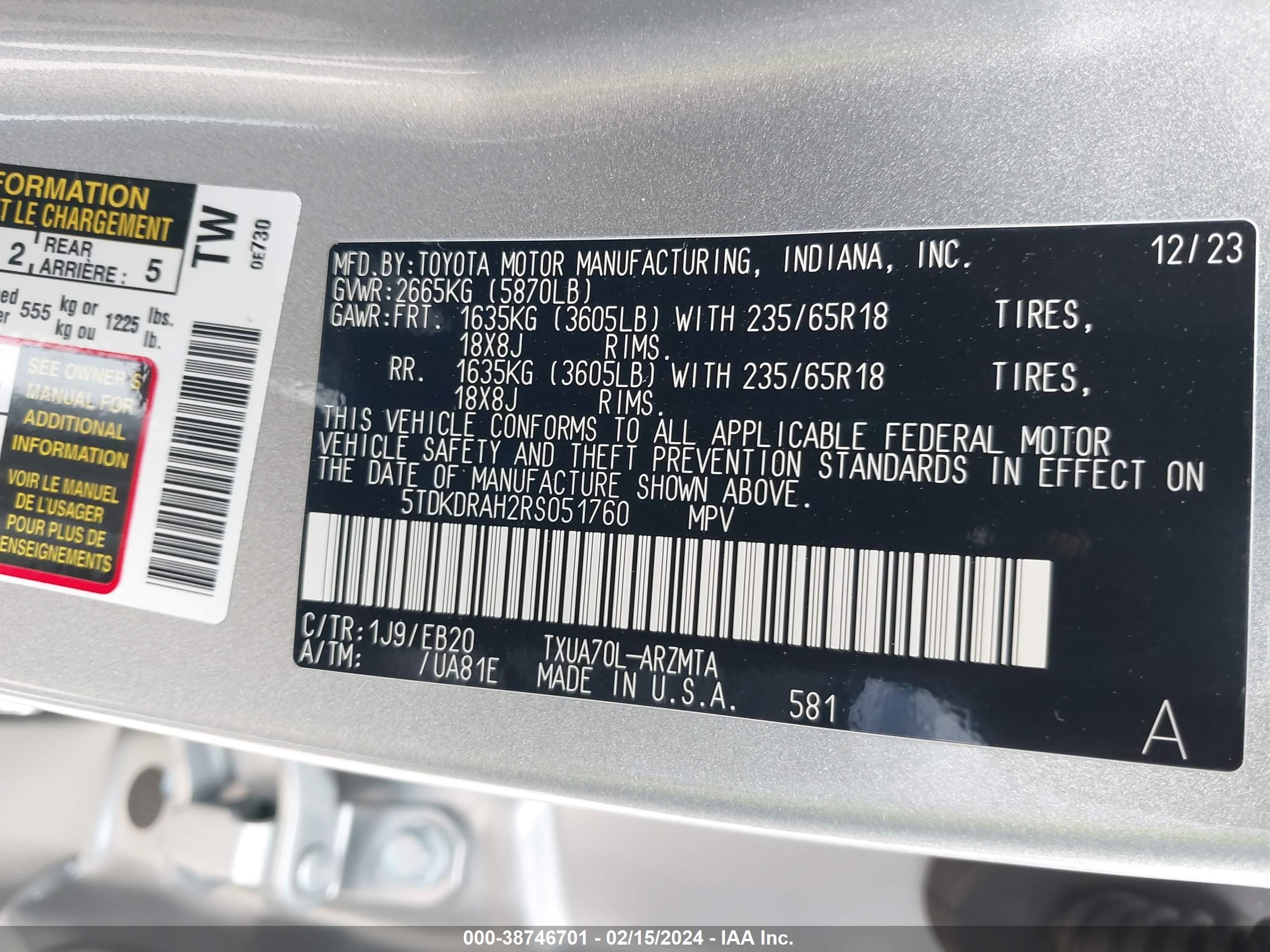 Photo 8 VIN: 5TDKDRAH2RS051760 - TOYOTA HIGHLANDER 