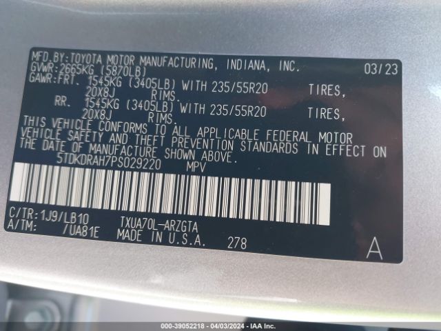 Photo 8 VIN: 5TDKDRAH7PS029220 - TOYOTA HIGHLANDER 