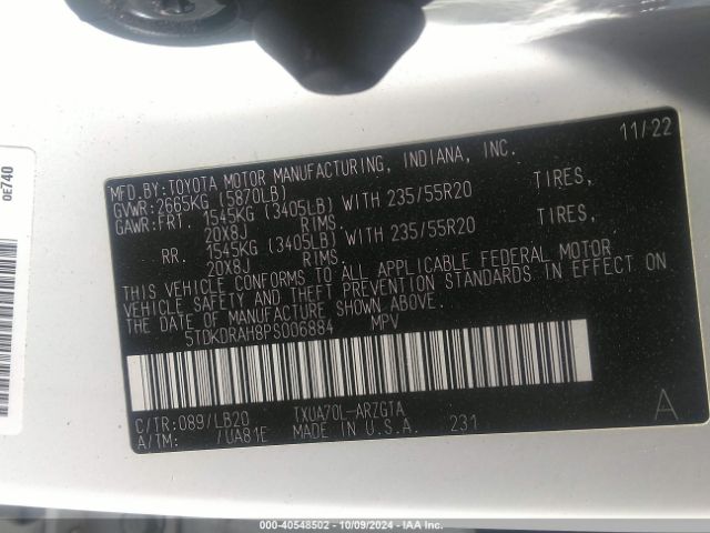 Photo 8 VIN: 5TDKDRAH8PS006884 - TOYOTA HIGHLANDER 