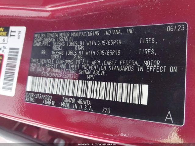 Photo 8 VIN: 5TDKDRAHXPS509316 - TOYOTA HIGHLANDER 