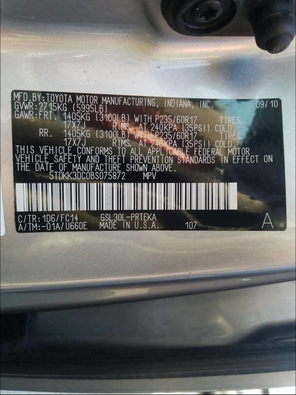 Photo 9 VIN: 5TDKK3DC0BS075872 - TOYOTA SIENNA LE 