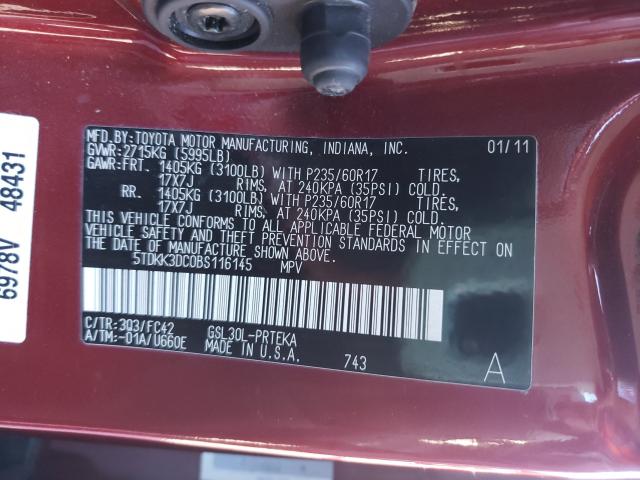 Photo 9 VIN: 5TDKK3DC0BS116145 - TOYOTA SIENNA LE 