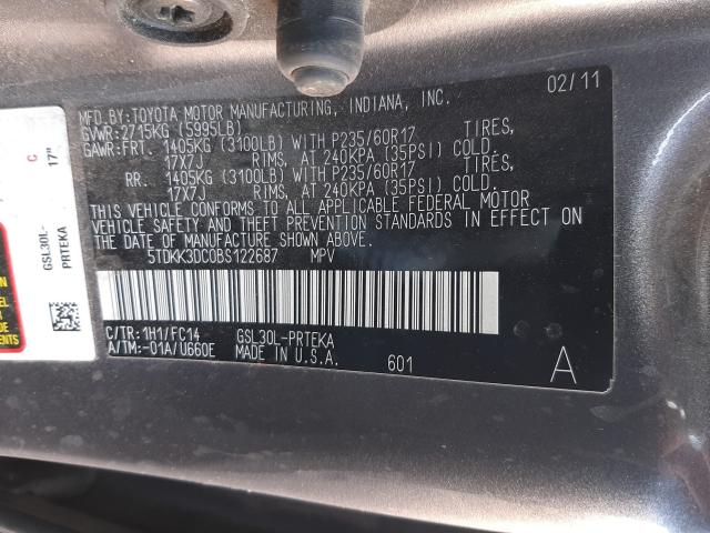 Photo 9 VIN: 5TDKK3DC0BS122687 - TOYOTA SIENNA LE 