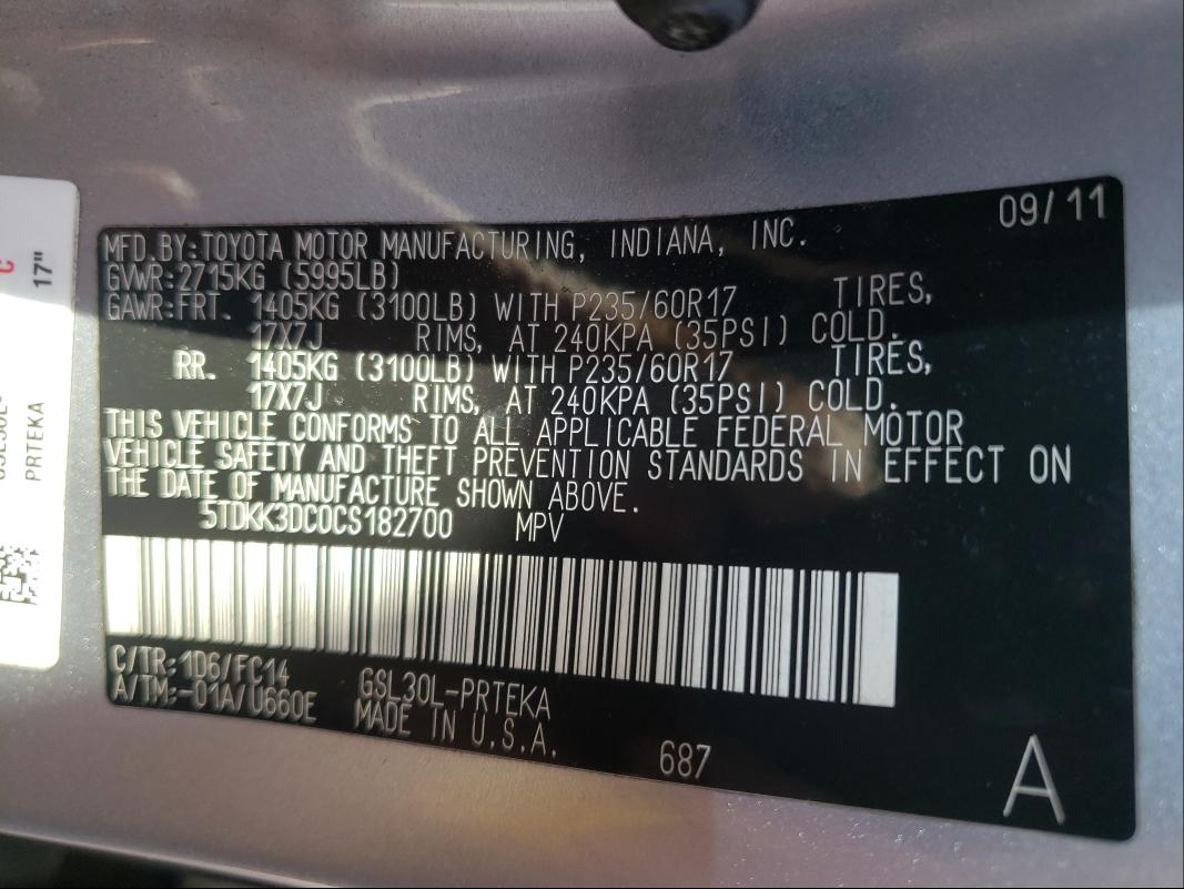 Photo 9 VIN: 5TDKK3DC0CS182700 - TOYOTA SIENNA LE 