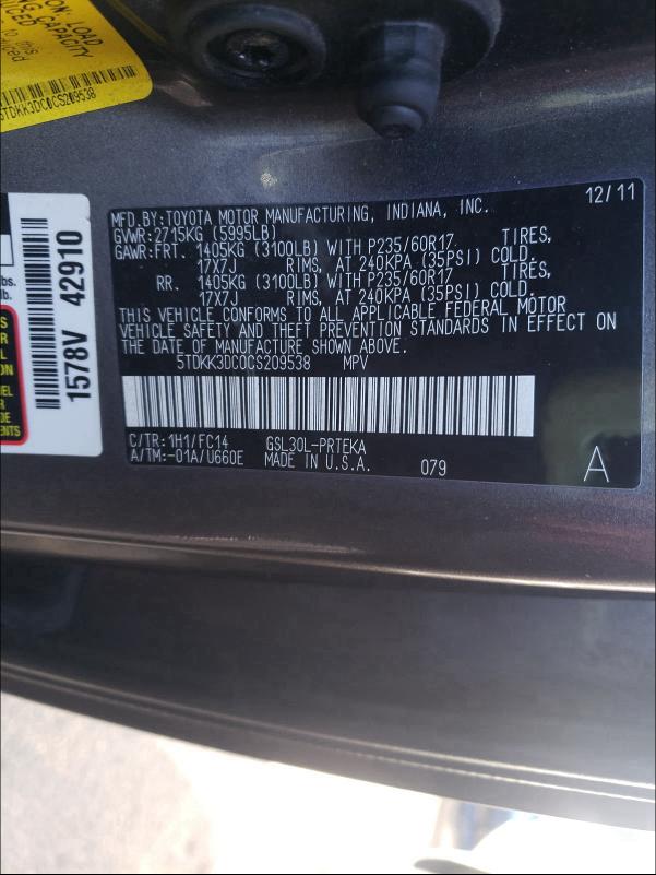 Photo 9 VIN: 5TDKK3DC0CS209538 - TOYOTA SIENNA LE 