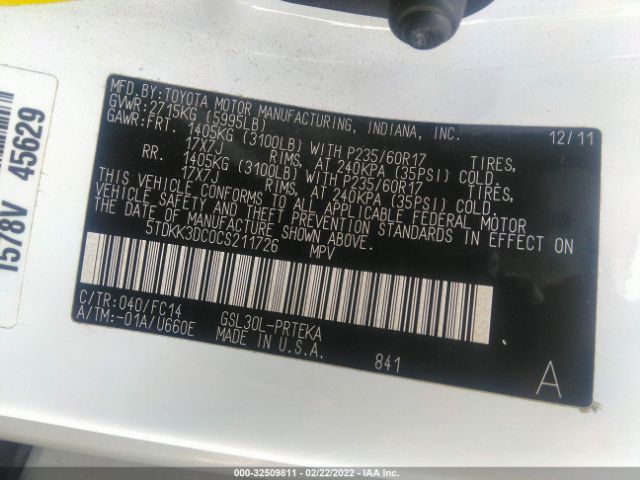 Photo 8 VIN: 5TDKK3DC0CS211726 - TOYOTA SIENNA 