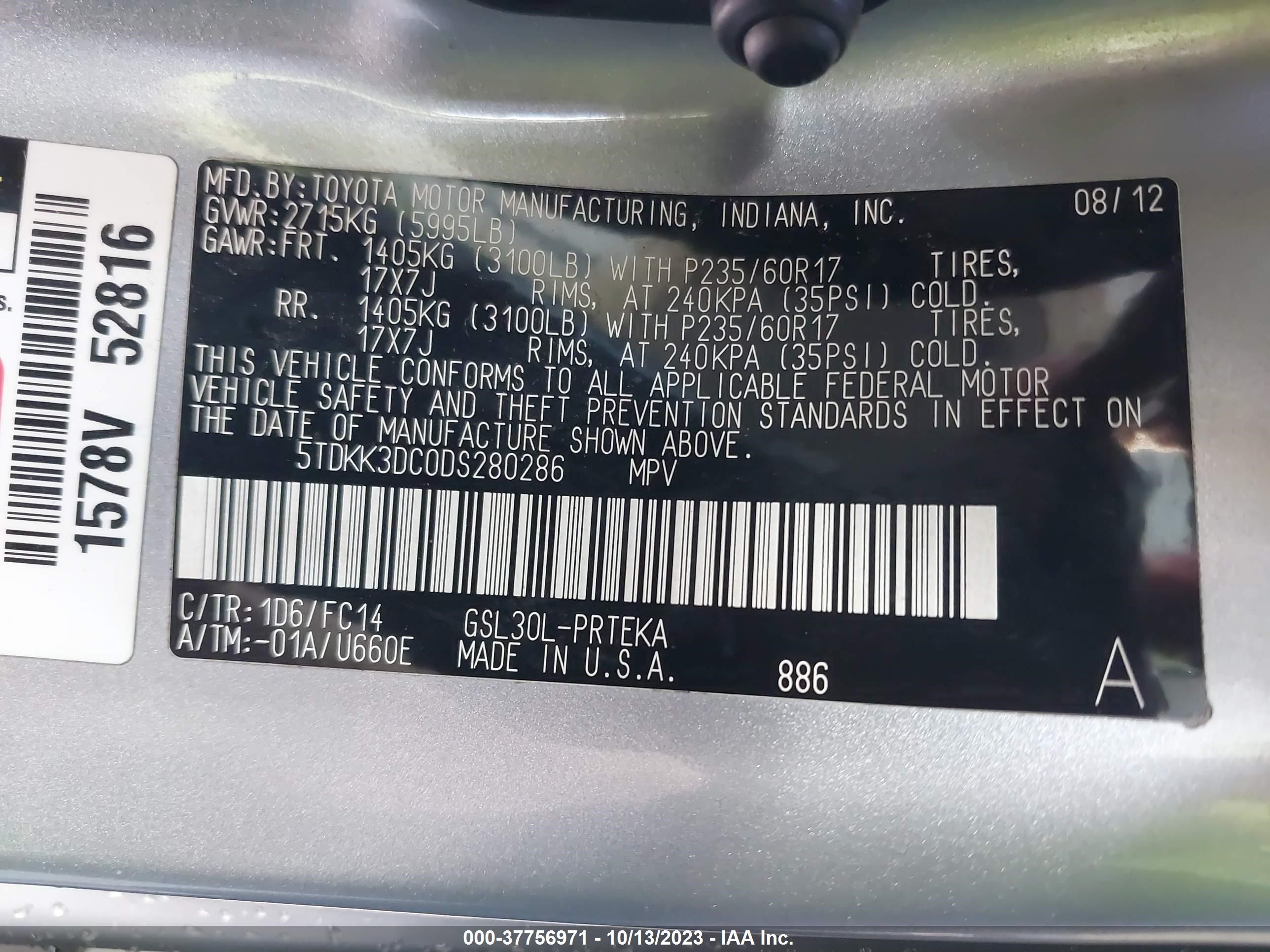 Photo 8 VIN: 5TDKK3DC0DS280286 - TOYOTA SIENNA 