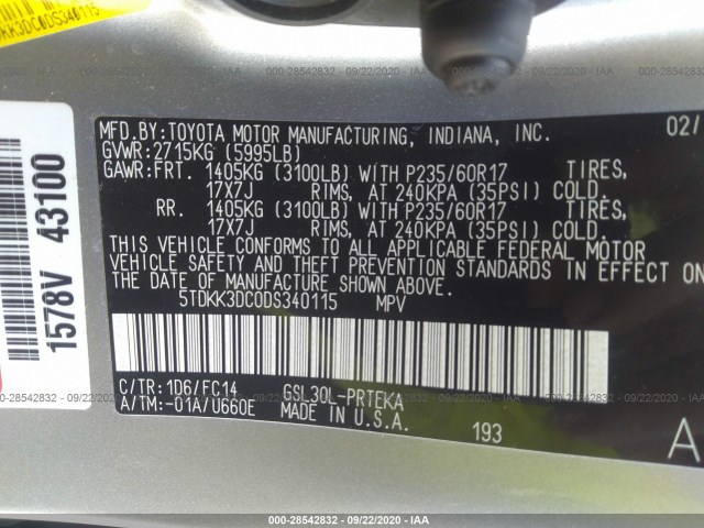 Photo 8 VIN: 5TDKK3DC0DS340115 - TOYOTA SIENNA 