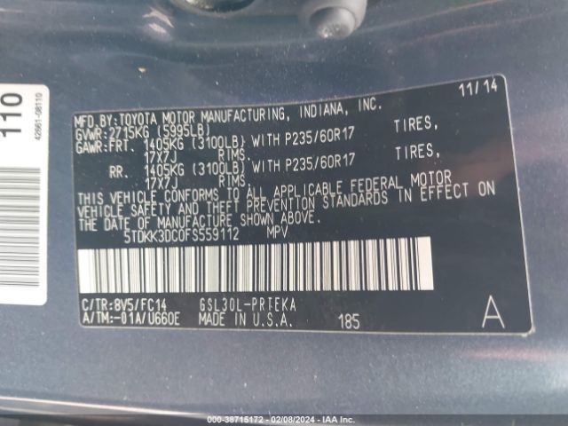 Photo 8 VIN: 5TDKK3DC0FS559112 - TOYOTA SIENNA 