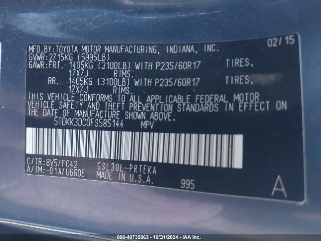 Photo 8 VIN: 5TDKK3DC0FS585144 - TOYOTA SIENNA 