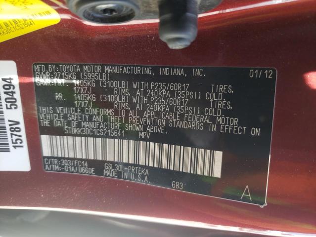 Photo 12 VIN: 5TDKK3DC1CS215641 - TOYOTA SIENNA LE 