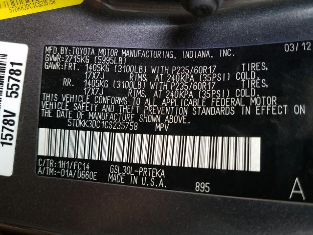 Photo 9 VIN: 5TDKK3DC1CS235758 - TOYOTA SIENNA LE 