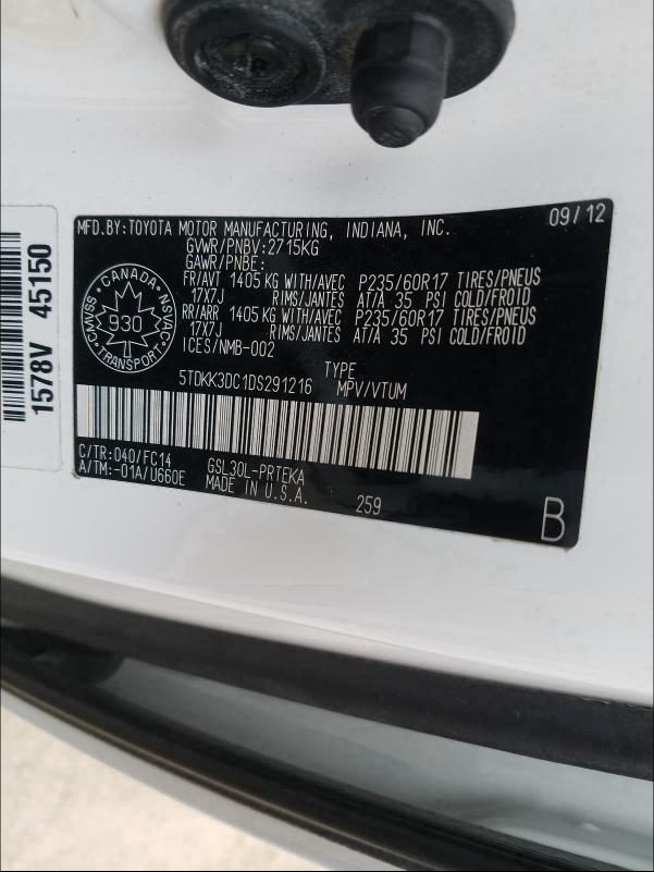 Photo 9 VIN: 5TDKK3DC1DS291216 - TOYOTA SIENNA LE 