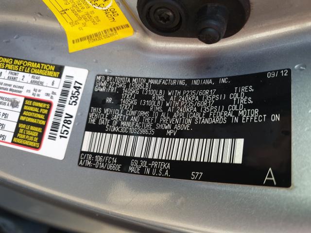 Photo 9 VIN: 5TDKK3DC1DS298635 - TOYOTA SIENNA LE 